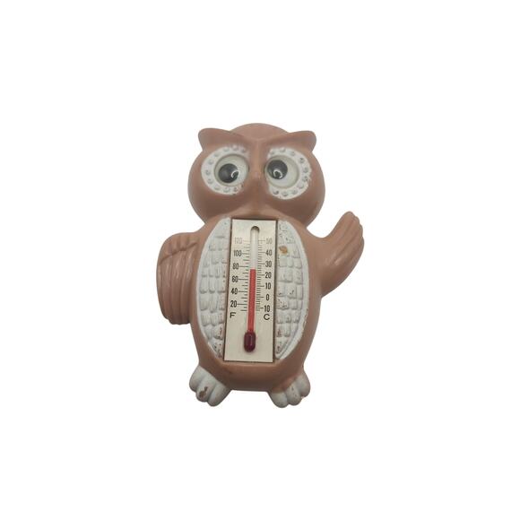 Vintage Owl Thermometer Magnet Hong Kong Retro Brown Plastic Googly Eyes Kitchen - Picture 1 of 8